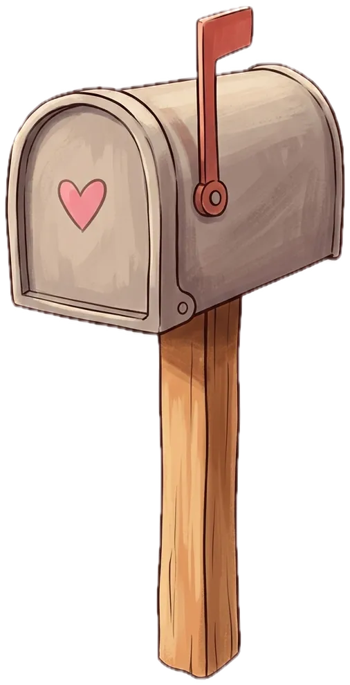 A wooden mailbox with a red flag standing by the tree