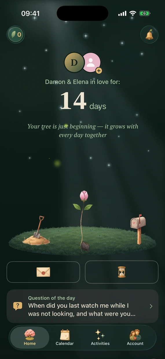 Grow Love home screen at the start with a young sprout, dark theme