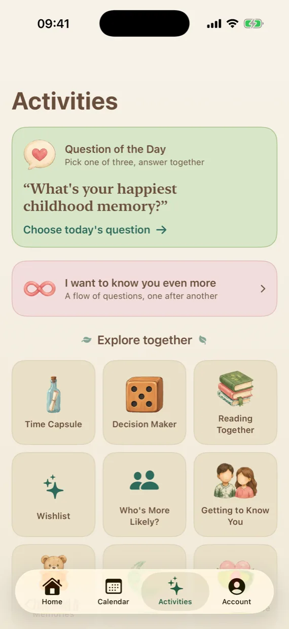 Activities: the question of the day and games to explore together