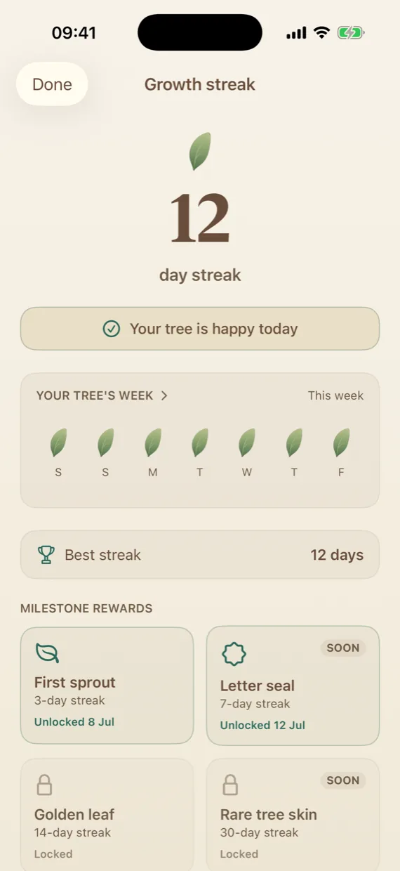 Growth streak: twelve days of watering and milestone rewards