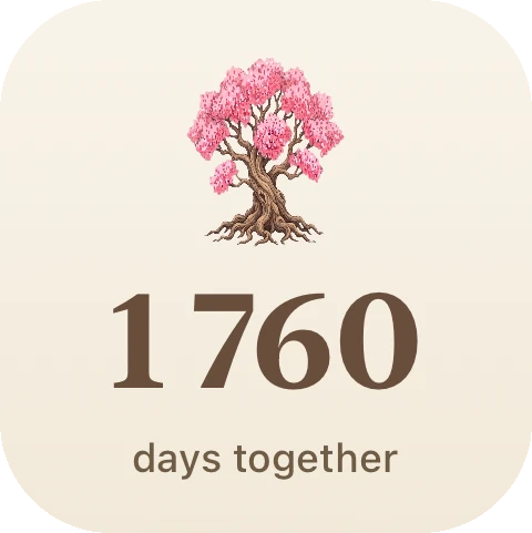 The Grow Love home screen widget: a blossoming tree above the words 1760 days together